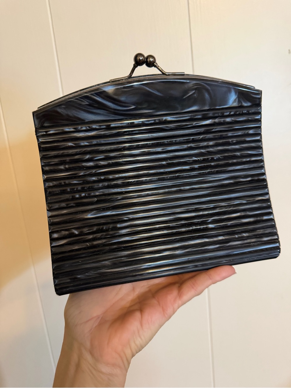 Vintage-Style Black Pearlized Clutch w/ Shoulder Strap